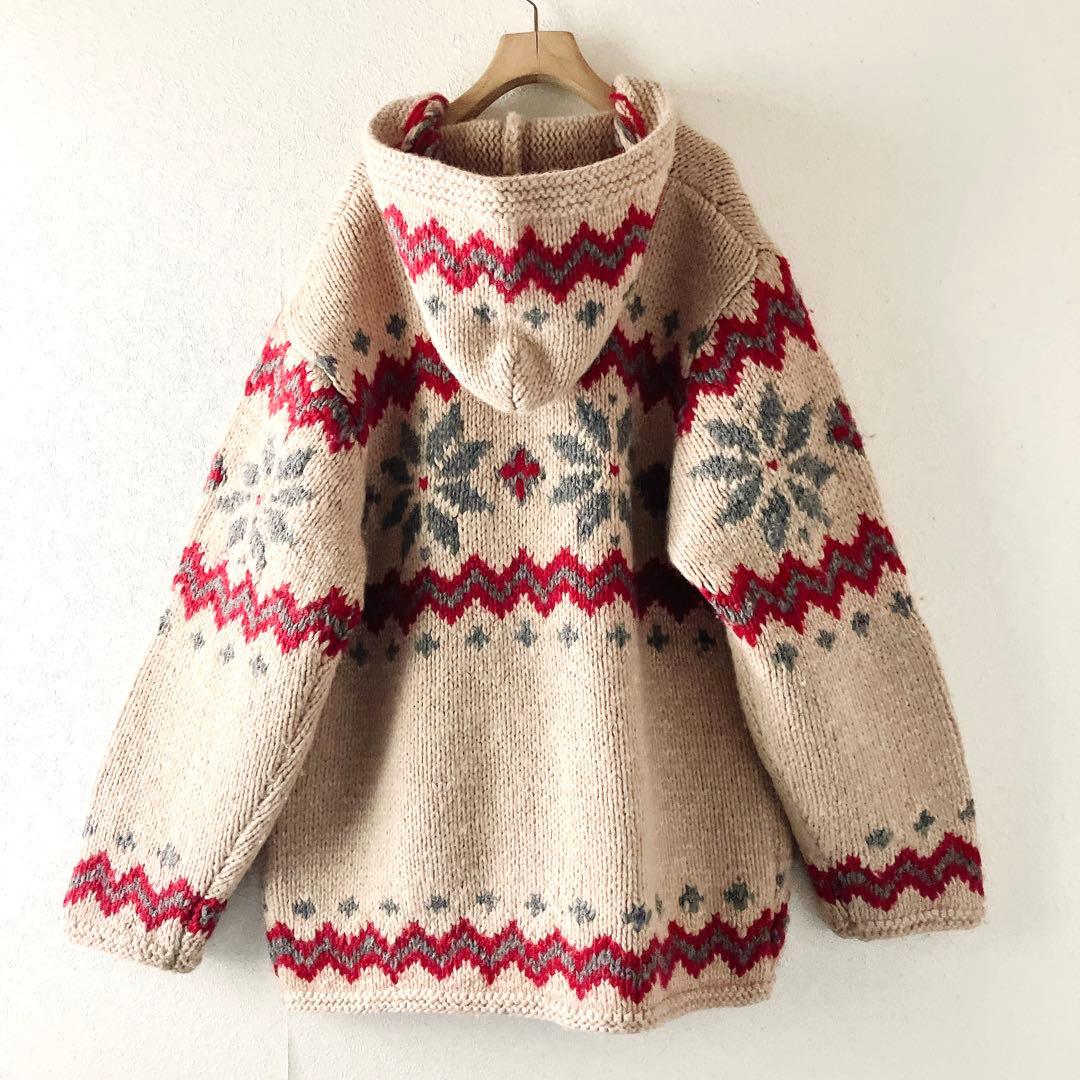 ノルディック柄フード付きダッフルコート　ニット カーディガン 肉厚 ナチュラル