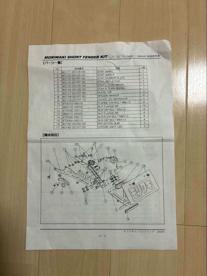 CB650R /CBR650R モリワキショートフェンダーキット