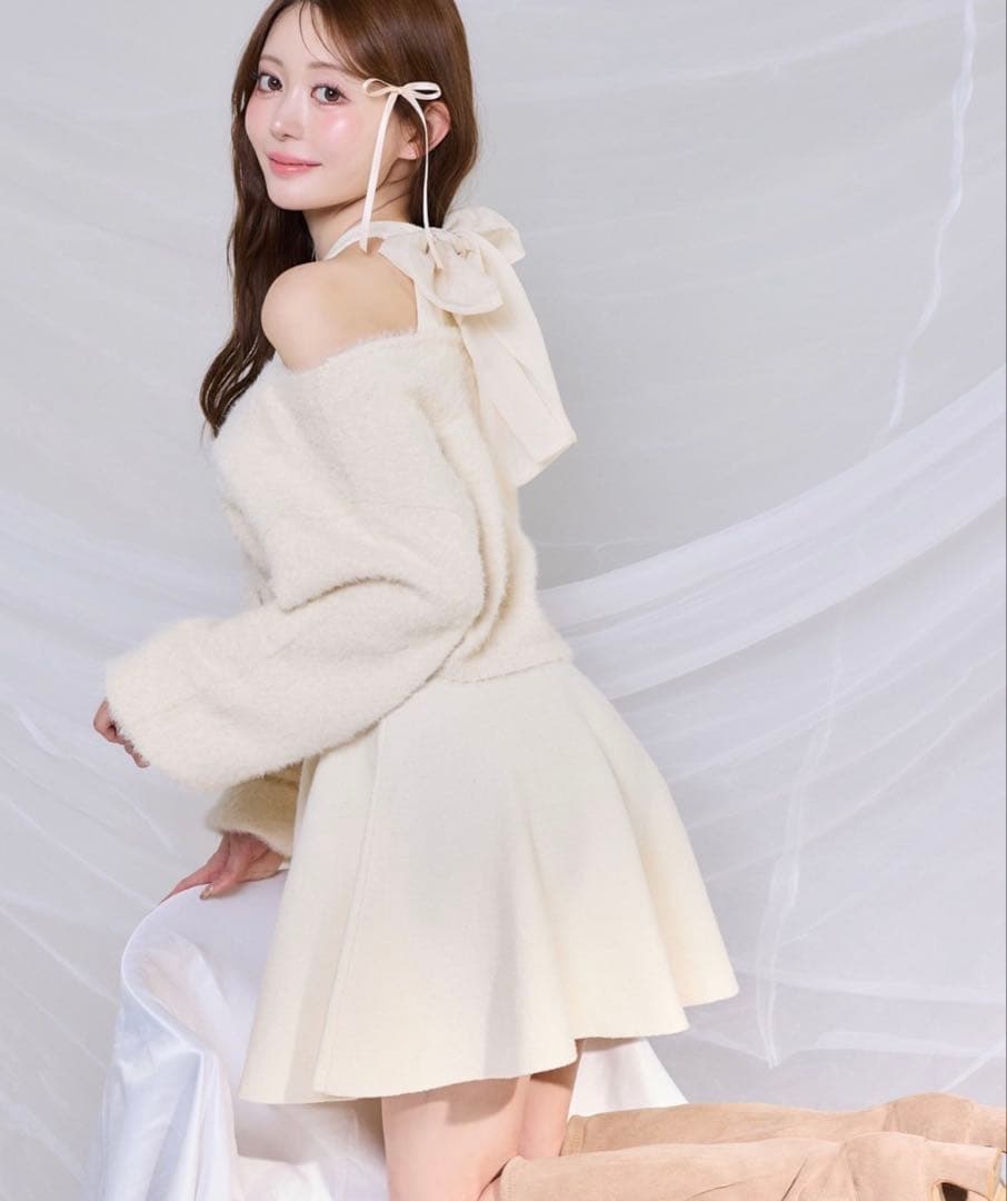 NICE CLAUP 2wayフェザーカーデSET後ろリボンニットミニワンピ