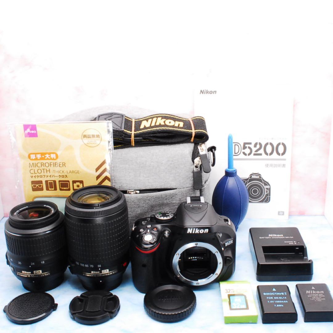 ☆ニコン D5200◎手ぶれ補正Wレンズ◎付属品多数◎バッグ＆バッテリー2個