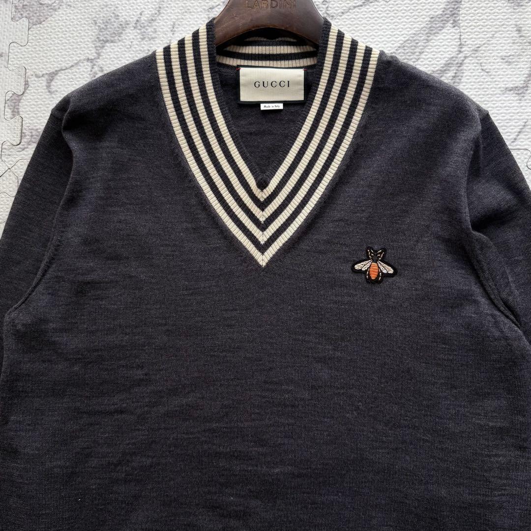 極美品✨19AW GUCCI グッチ BEE刺繍 Vネックニット グレー L