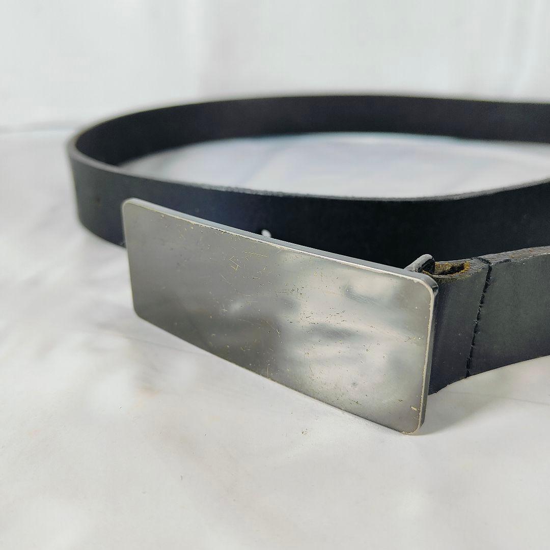 【美品】シルバープレートバックル × ブラックドレスベルト 高級極厚ステアベルト