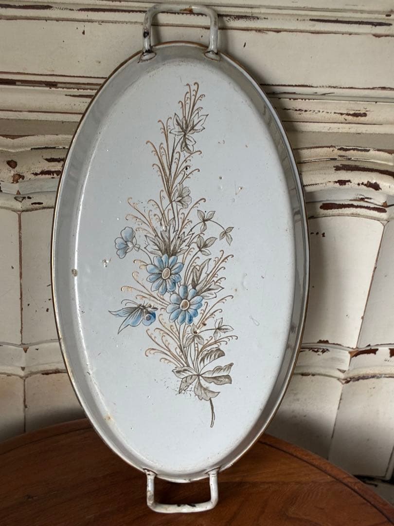 マンズアンティーク　ホーロー プレート　オーバル　お皿　トレイ手書き　レア