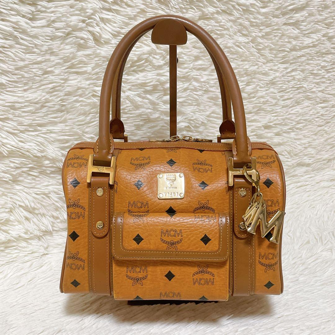 MCM エムシーエム ミニボストン レザー ブラウン ヴィセトス ロゴチャーム