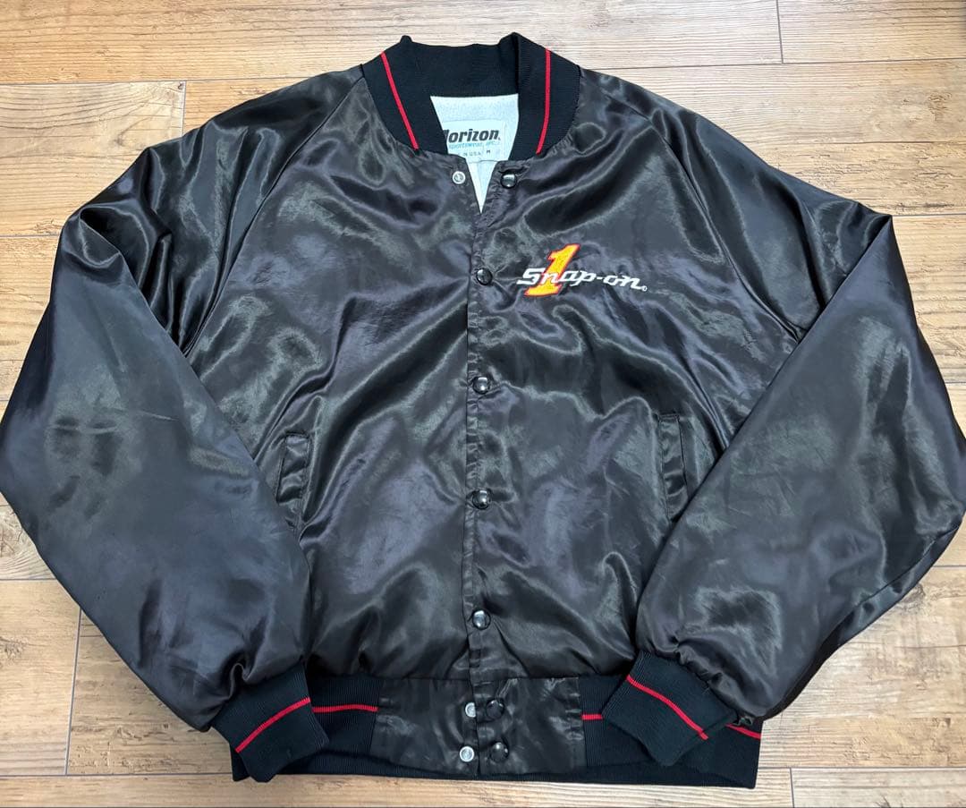 USA製 Snap-on 刺繍 サテンジャケット ラグラン ブラック M