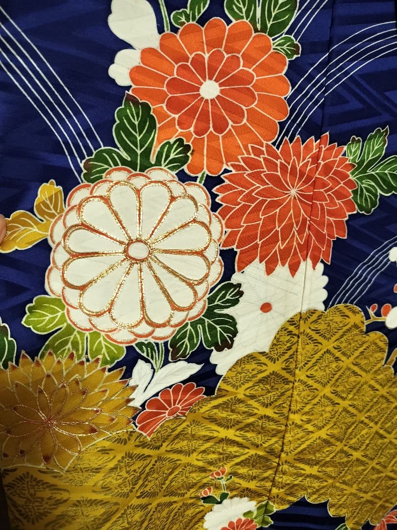 【ひより】正絹　古典柄　振袖リメイクフレアドレス　紺