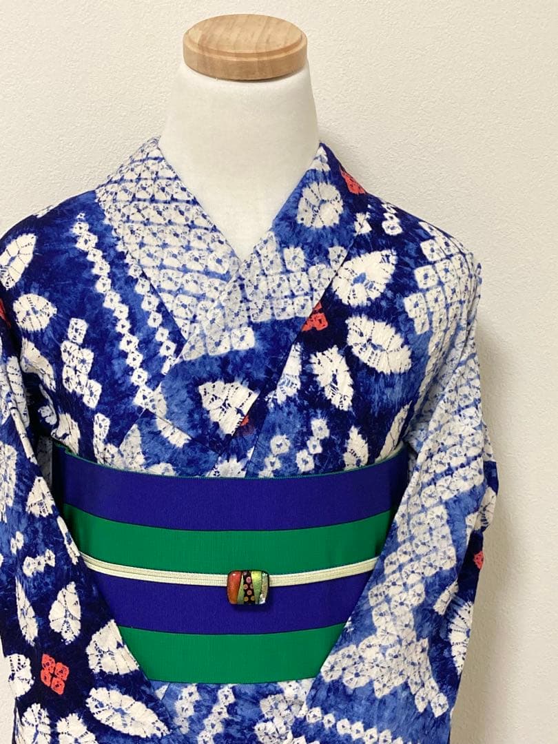 浴衣　有松鳴海絞り　縞と鉄線　裄68.5cm