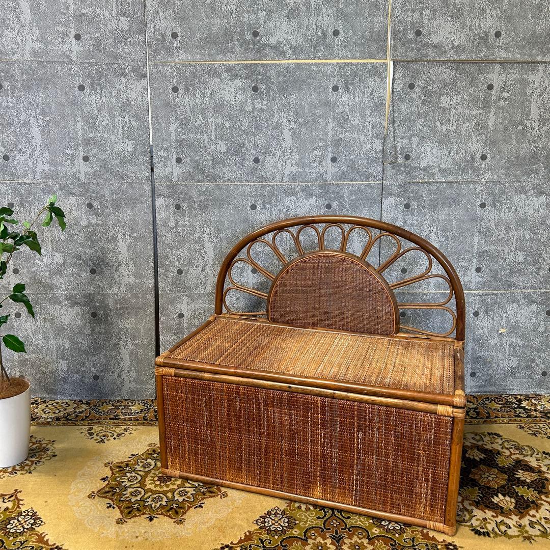 ꧁籐家具꧂収納付ラタンベンチ 長椅子 いす イス チェア スペース 昭和レトロ