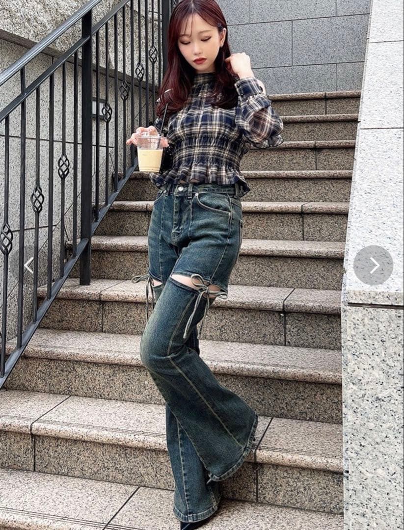 RESEXXY カットアウトリボンデニムパンツ ブルー S