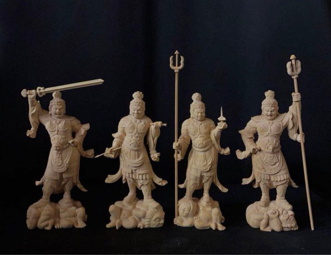 井波彫刻　仏教工芸品　総柘植材　木彫仏像　仏師手仕上げ品　四天王立像一式
