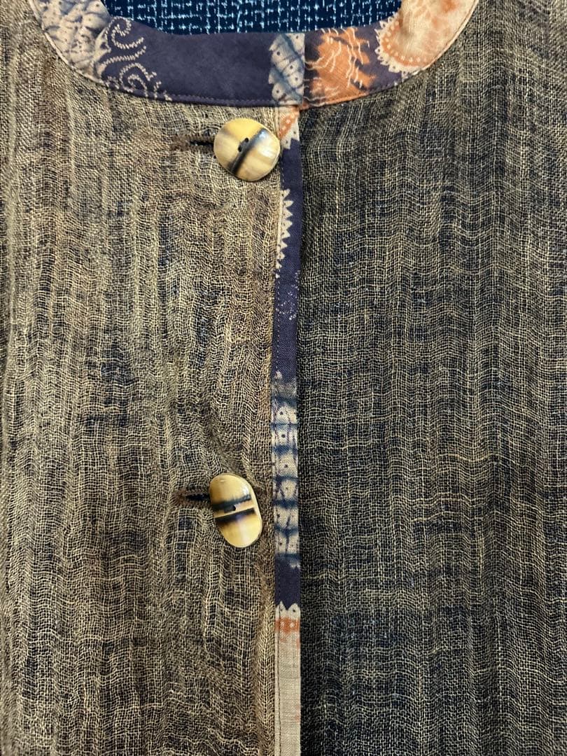 古布リメイク かや生地×絣 切り替えワンピース 羽織 ロングジャケット 和モダン