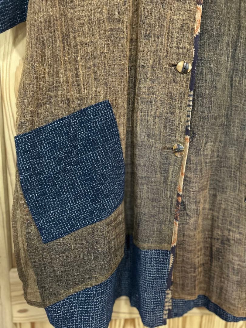 古布リメイク かや生地×絣 切り替えワンピース 羽織 ロングジャケット 和モダン