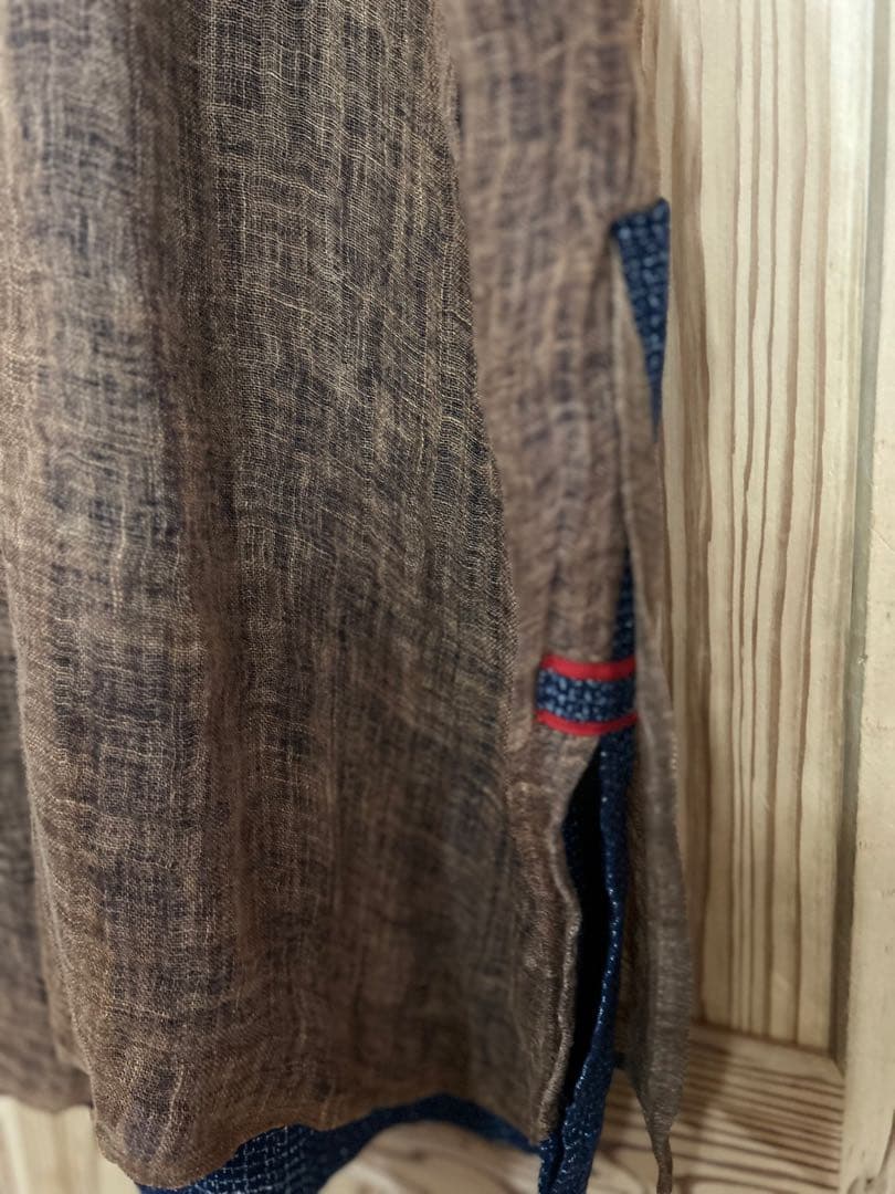 古布リメイク かや生地×絣 切り替えワンピース 羽織 ロングジャケット 和モダン