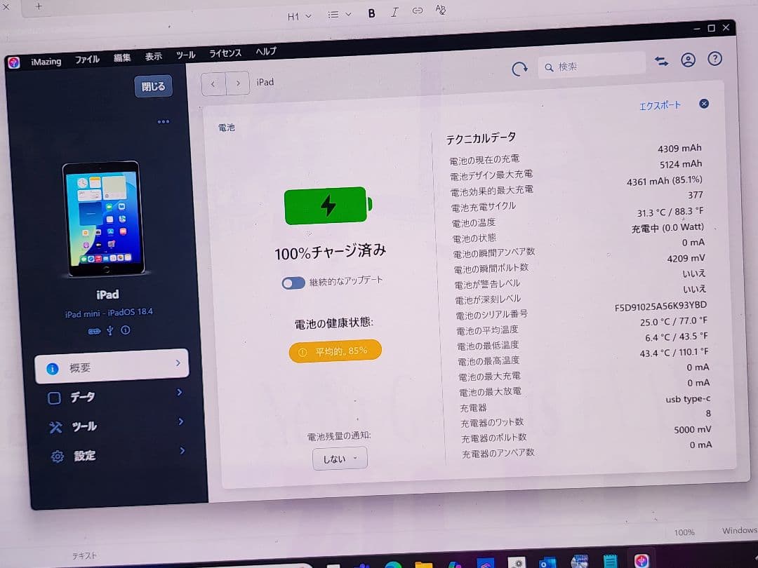 美品　iPad mini 第5世代　バッテリー最大容量85%　Wi-Fiモデル