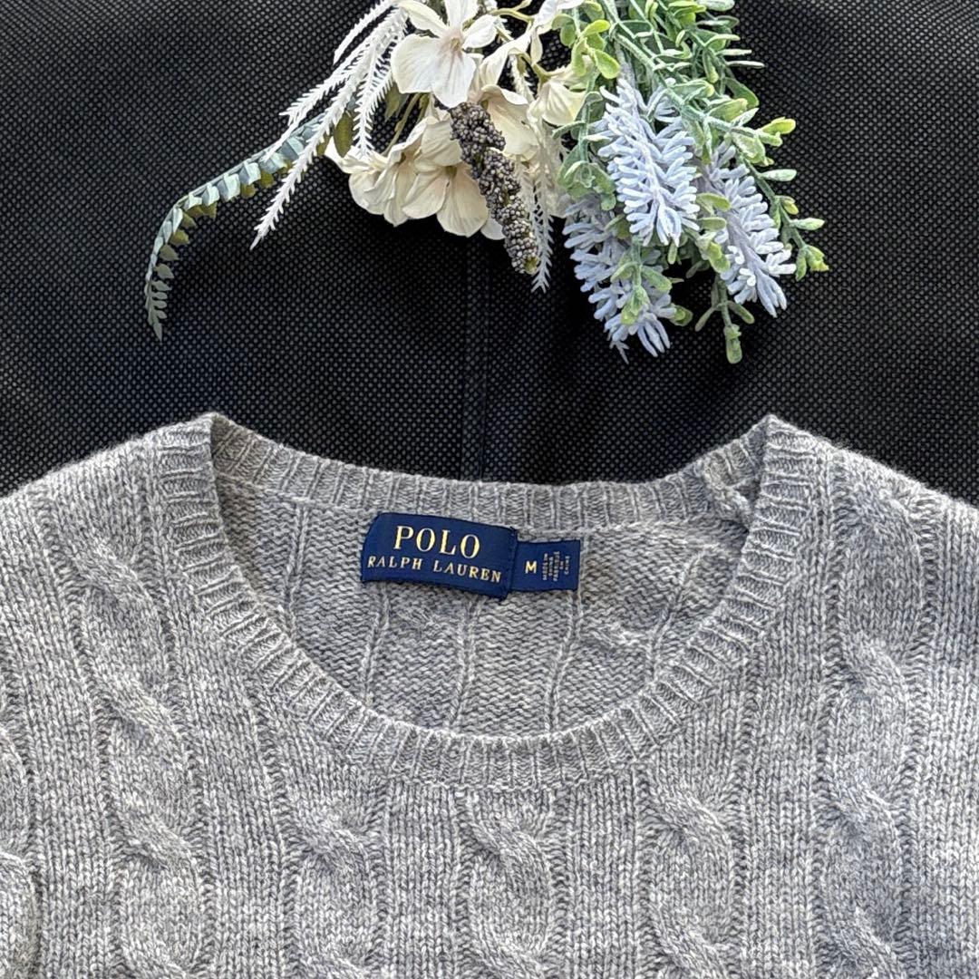 【カシミヤ混♡】ポロラルフローレン 長袖 ケーブルニット 丸襟 ロゴ刺繍 M