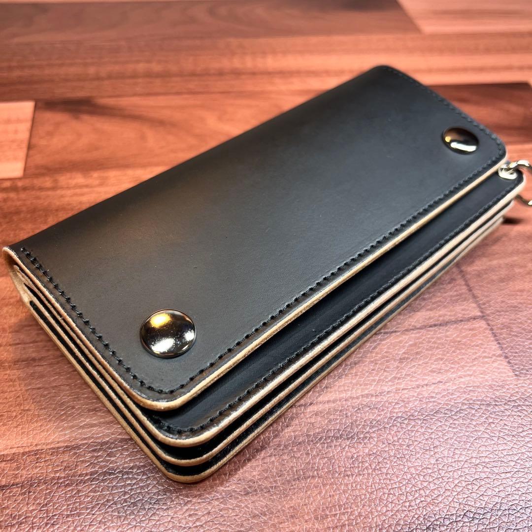 【トラッカーウォレット ロング 3層】 ブラック 姫路レザー シルバー YKK