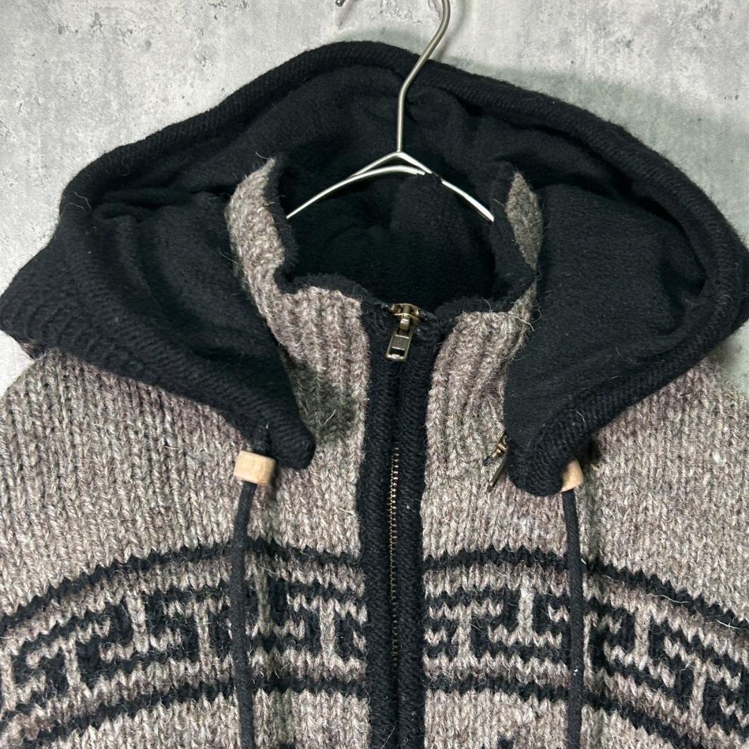 希少 ネパール製 ニット パーカー 裏地フリース ネイティブ柄 黒 茶