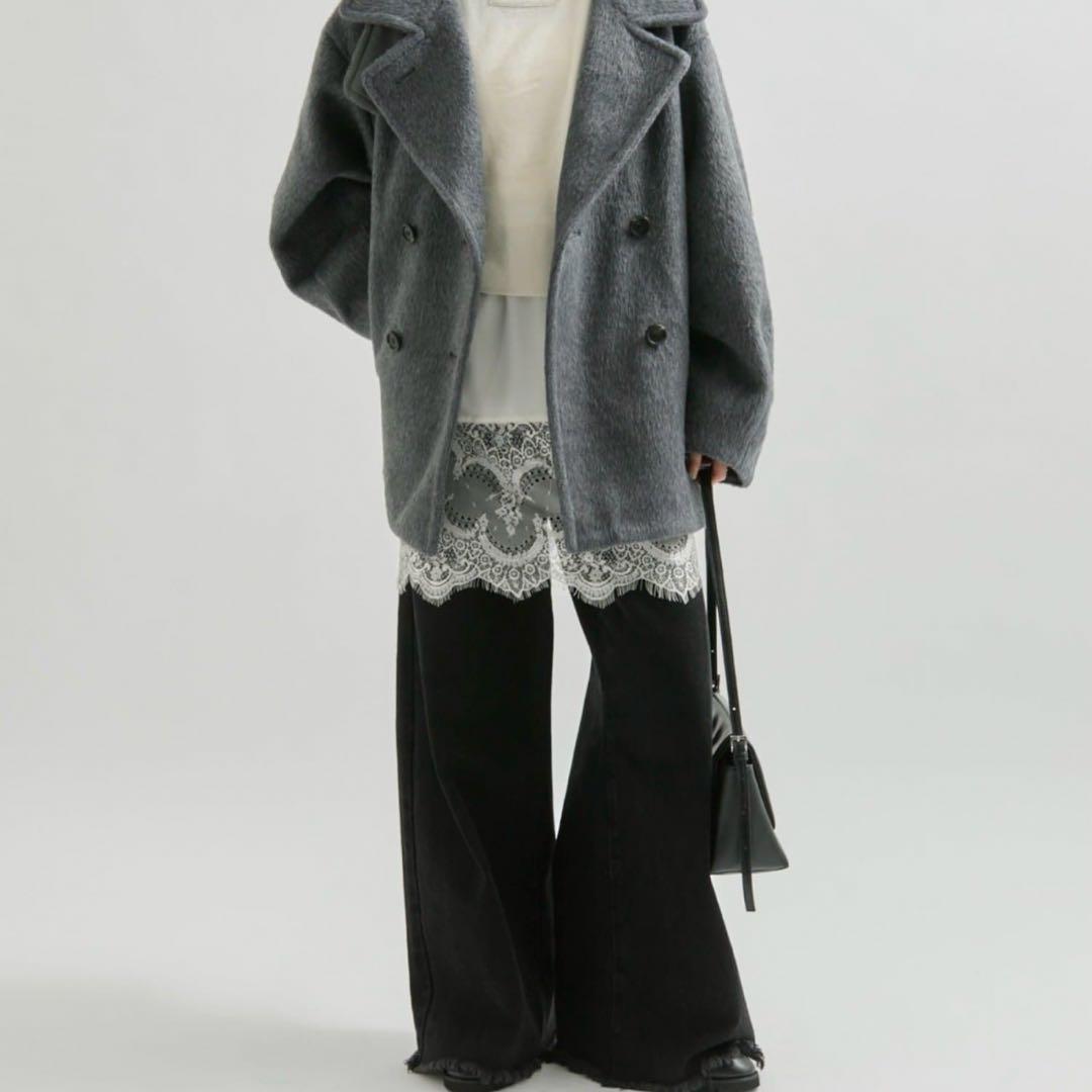 mystic ミスティックウール混 シャギーミドルコート　チャコールグレー