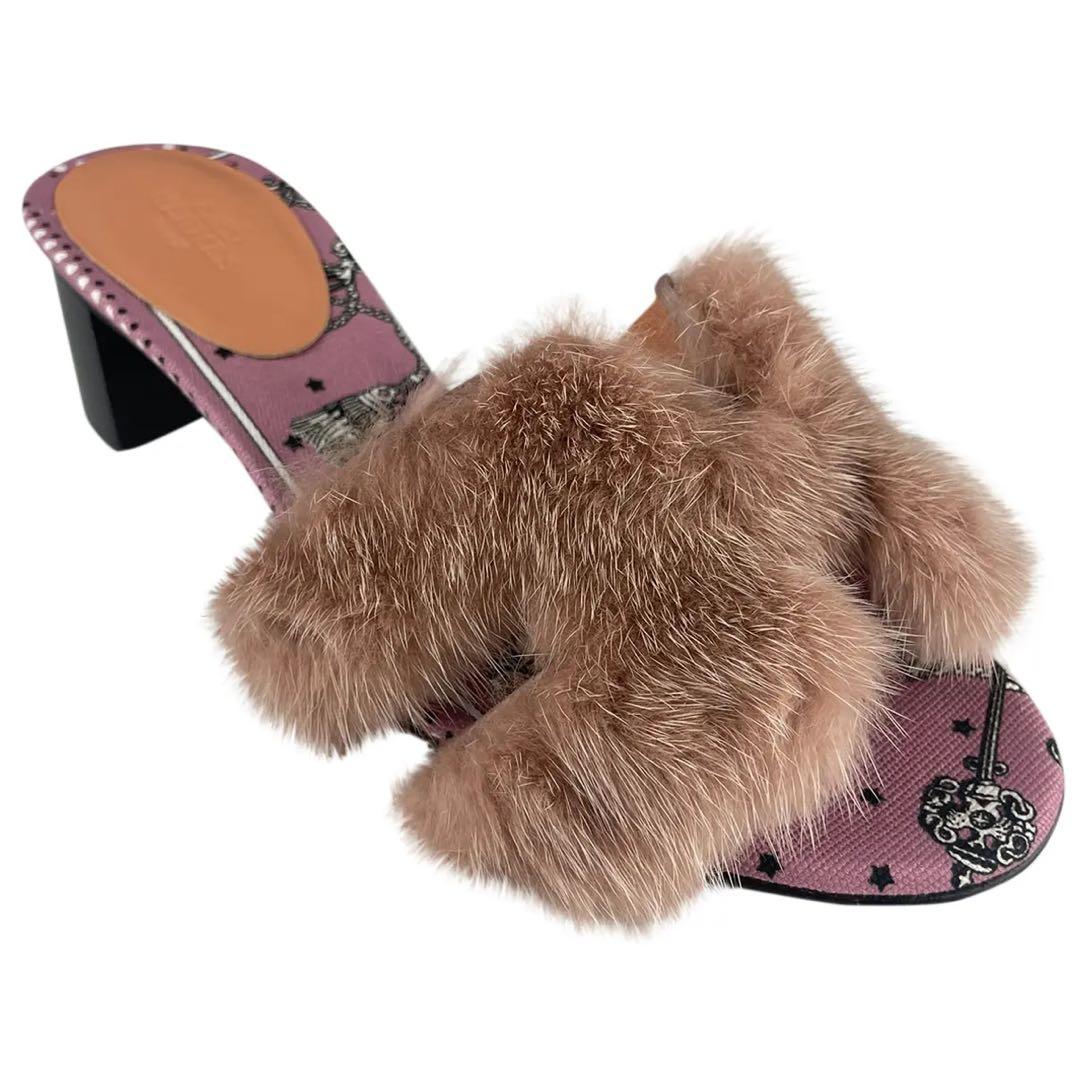 美品　HERMES オアジス　ファー　ピンクサンダル　ミュール　ミンク
