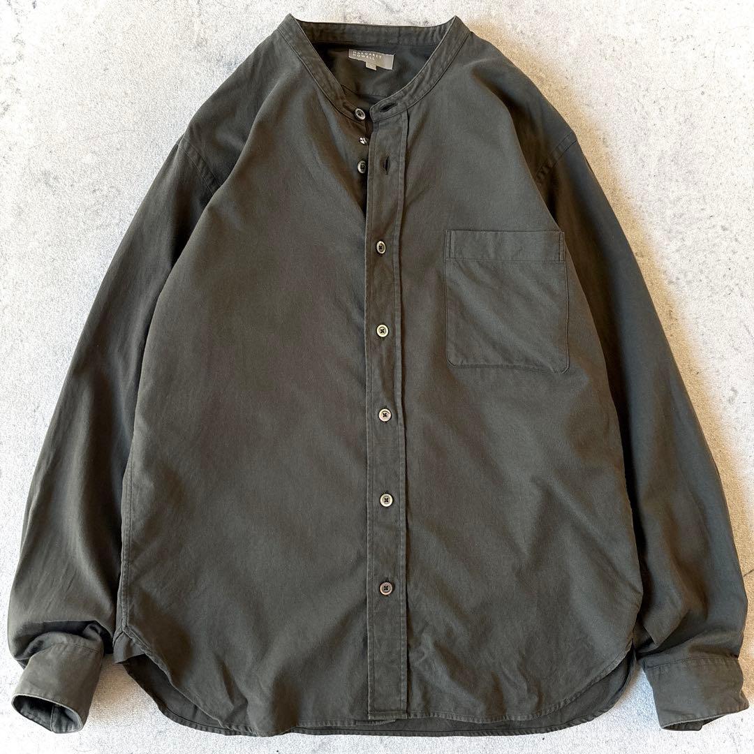 マーガレットハウエル メンズ L 起毛感 コットン バンドカラーシャツ カーキ