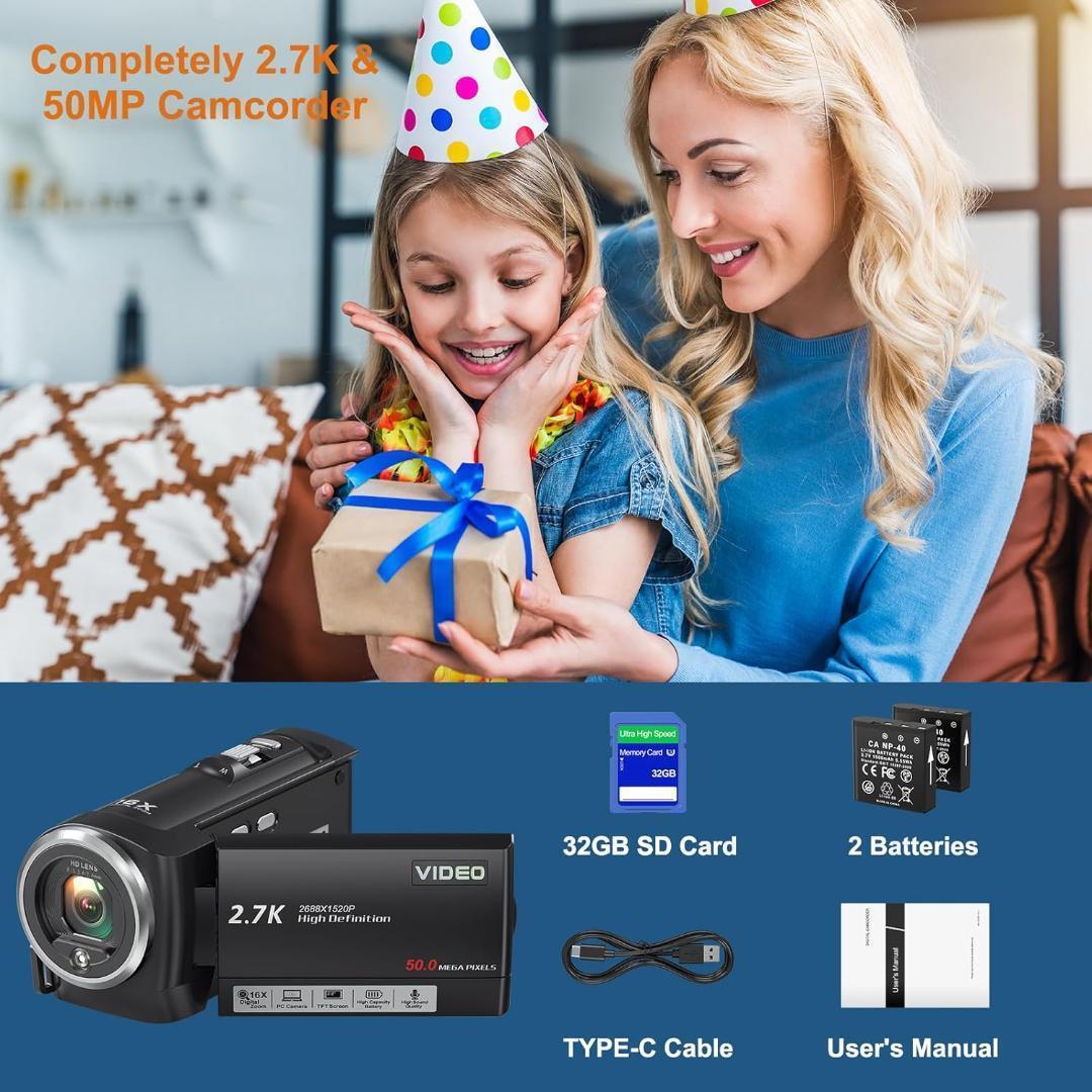 ビデオカメラ 2.7K 16 倍デジタルズーム ウェブカメラ 2.8 インチ軽量