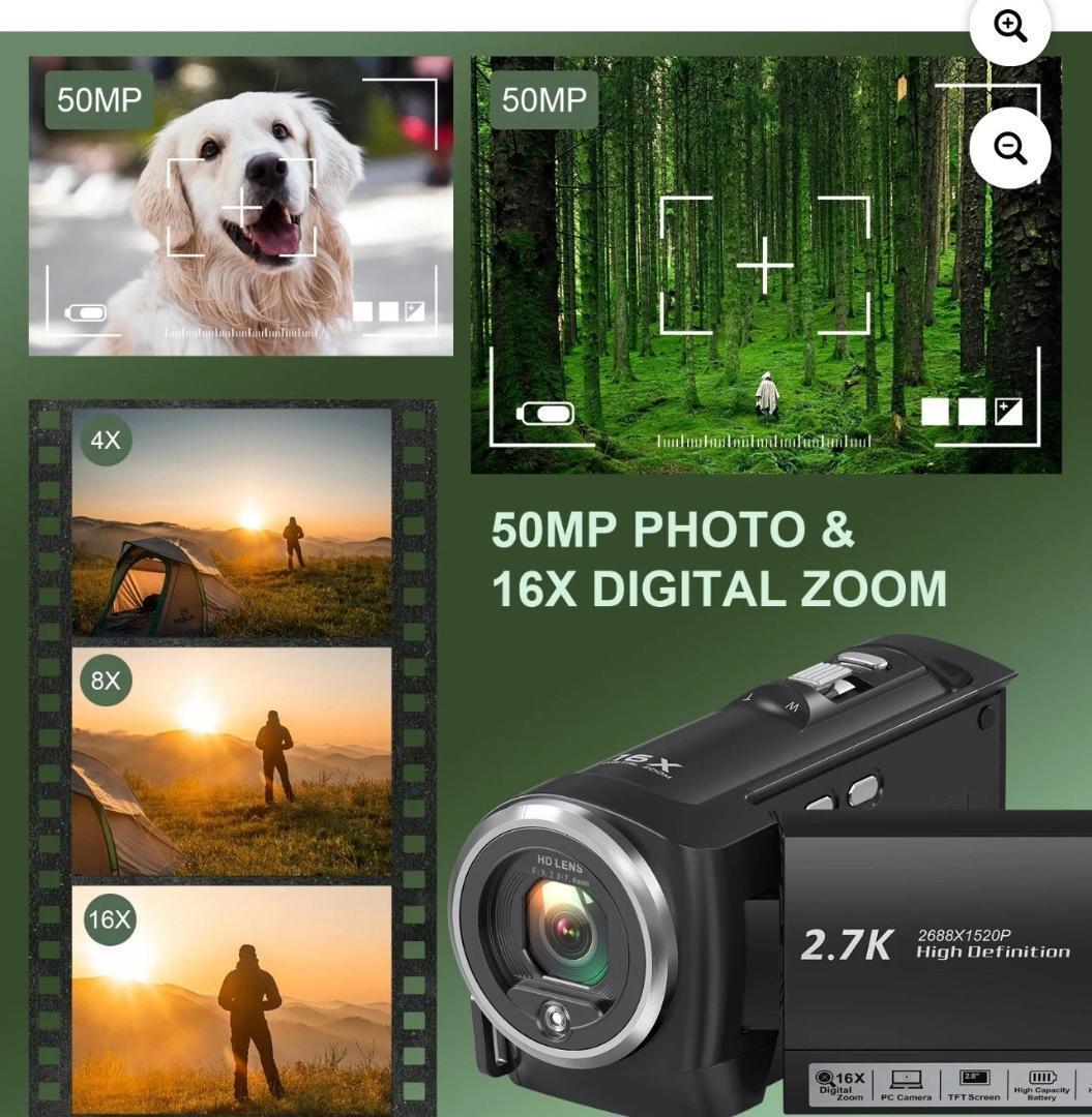 ビデオカメラ 2.7K 16 倍デジタルズーム ウェブカメラ 2.8 インチ軽量