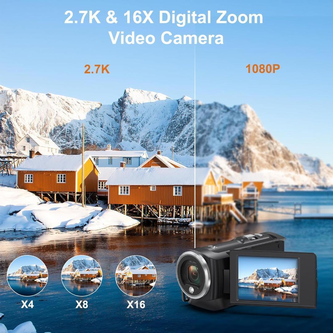 ビデオカメラ 2.7K 16 倍デジタルズーム ウェブカメラ 2.8 インチ軽量