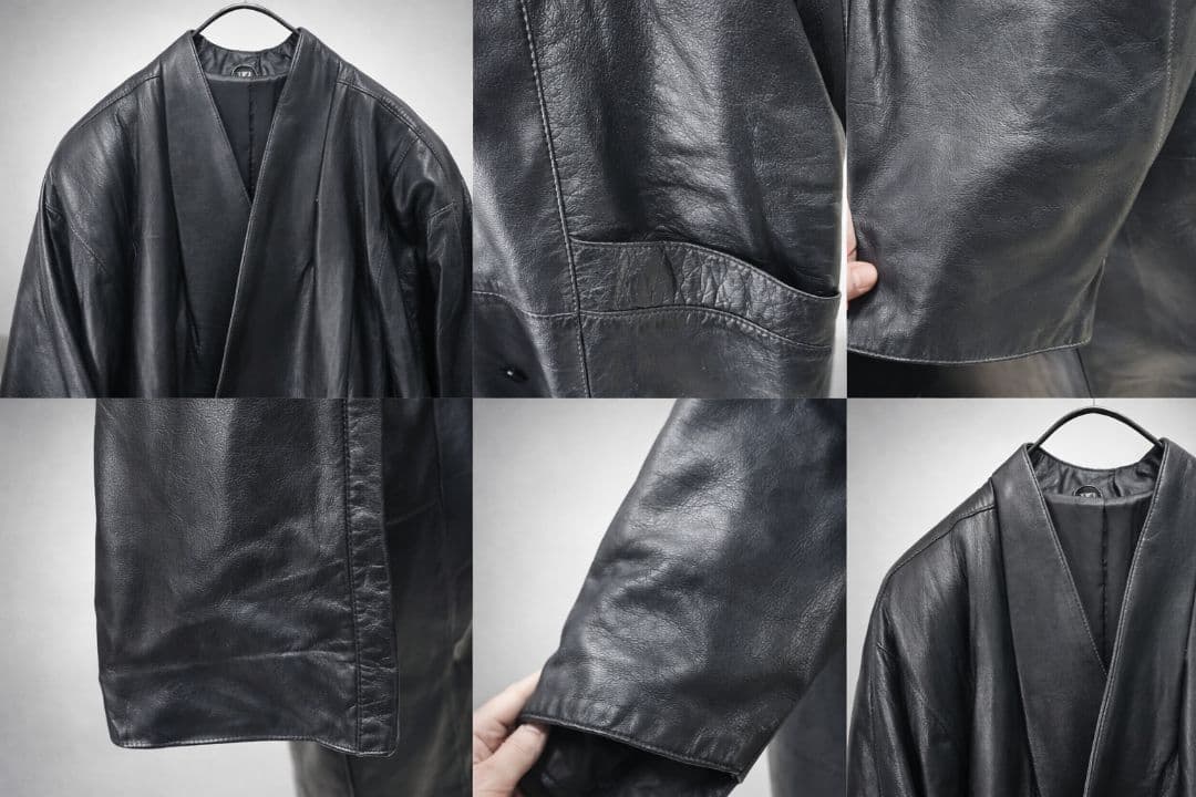 本革 牛革 キュプラ裏地 ノーカラー ロング丈 レザージャケット 黒
