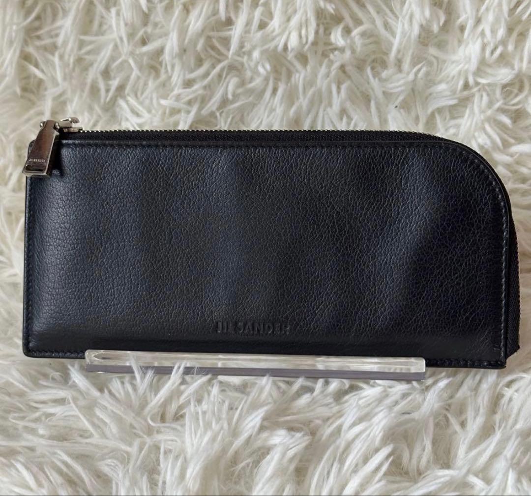 ジルサンダー 長財布 L字ファスナー 型押し レザー 黒 シルバー金具