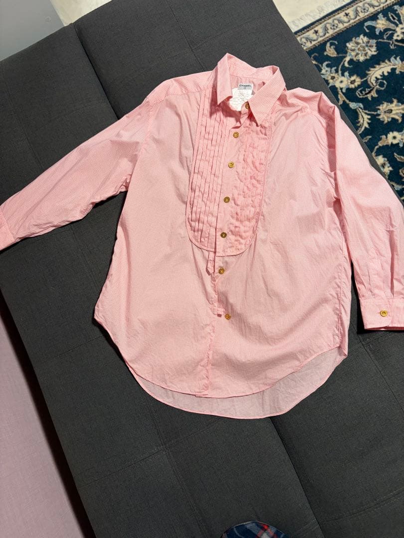 シャネルCHANELヴィンテージ、チェックシャツ、オーバーサイズ極美品ピンク