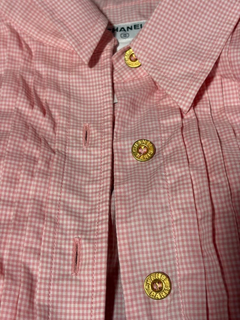 シャネルCHANELヴィンテージ、チェックシャツ、オーバーサイズ極美品ピンク