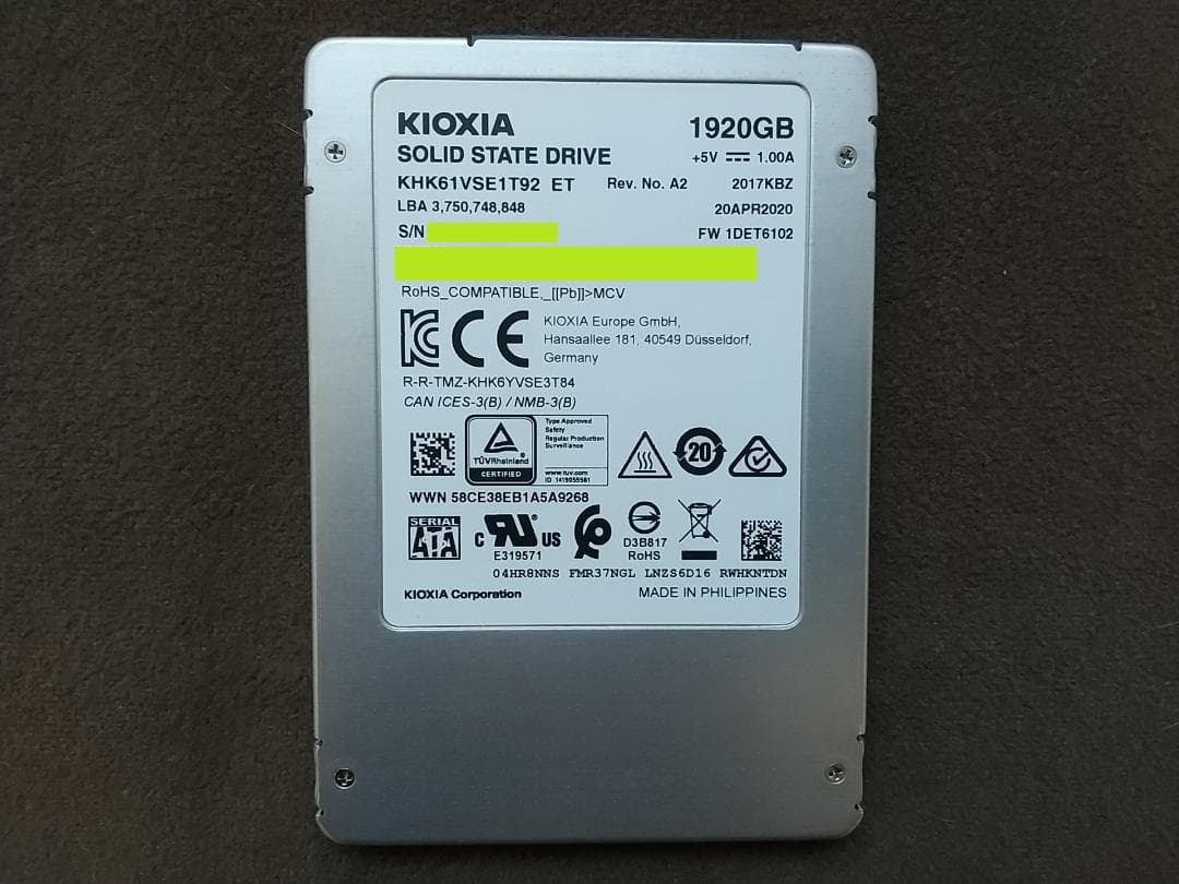 SSD 2TB(1920GB) 2.5 SATA 東芝 使用:17時間 25回