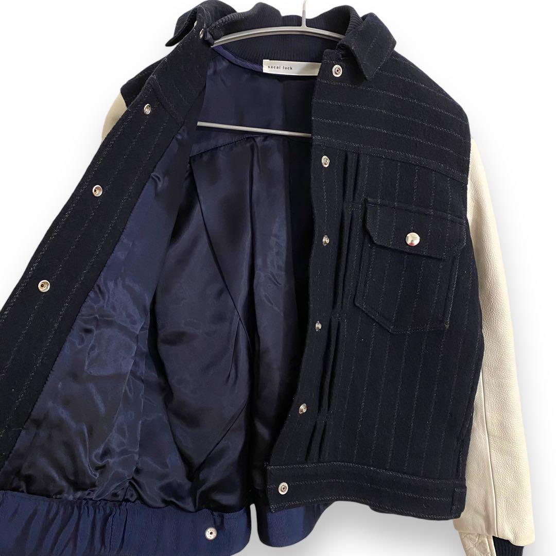 sacai luck サカイラック 袖レザースタジャン ネイビー ストライプ S
