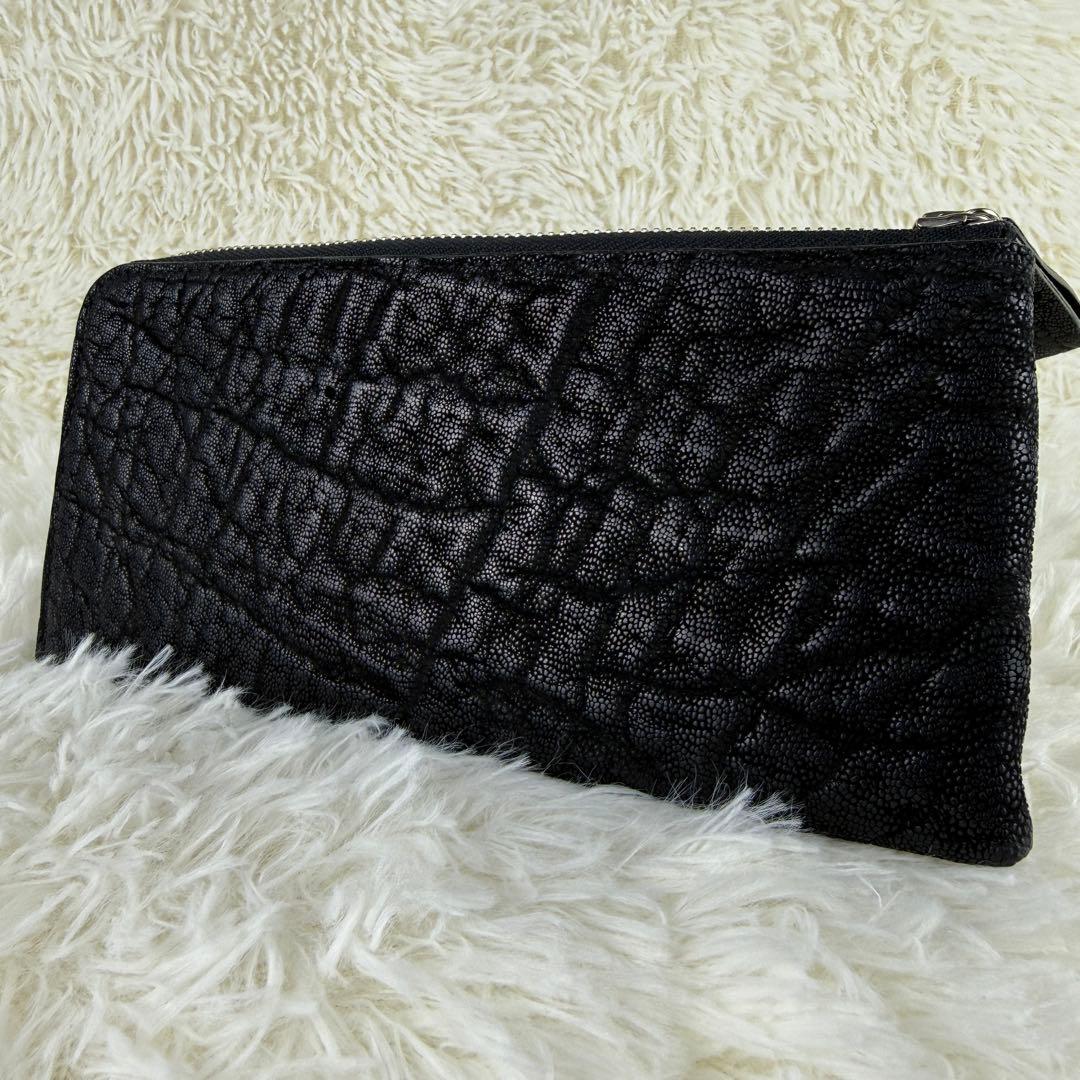 【極美品】象革 エレファント 長財布 L字ジップ エキゾチック 希少素材 黒