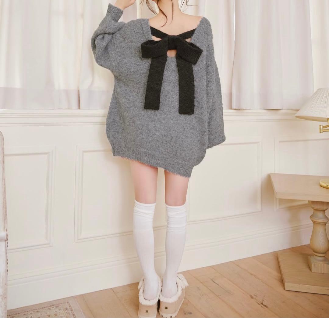 ダーリッチグレー バックリボン オーバーサイズニットワンピース