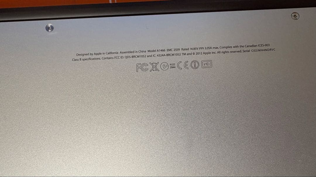 MacBookAir A1466（2012年）i5-1.8Ghz RAM:4GB