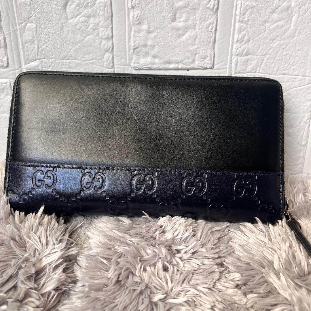 美品✨GUCCI シマ　ブラック　切り替えレザー　メンズ　ラウンドジップ　長財布