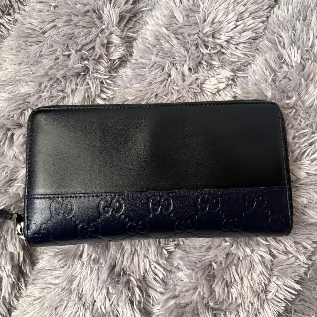 美品✨GUCCI シマ　ブラック　切り替えレザー　メンズ　ラウンドジップ　長財布