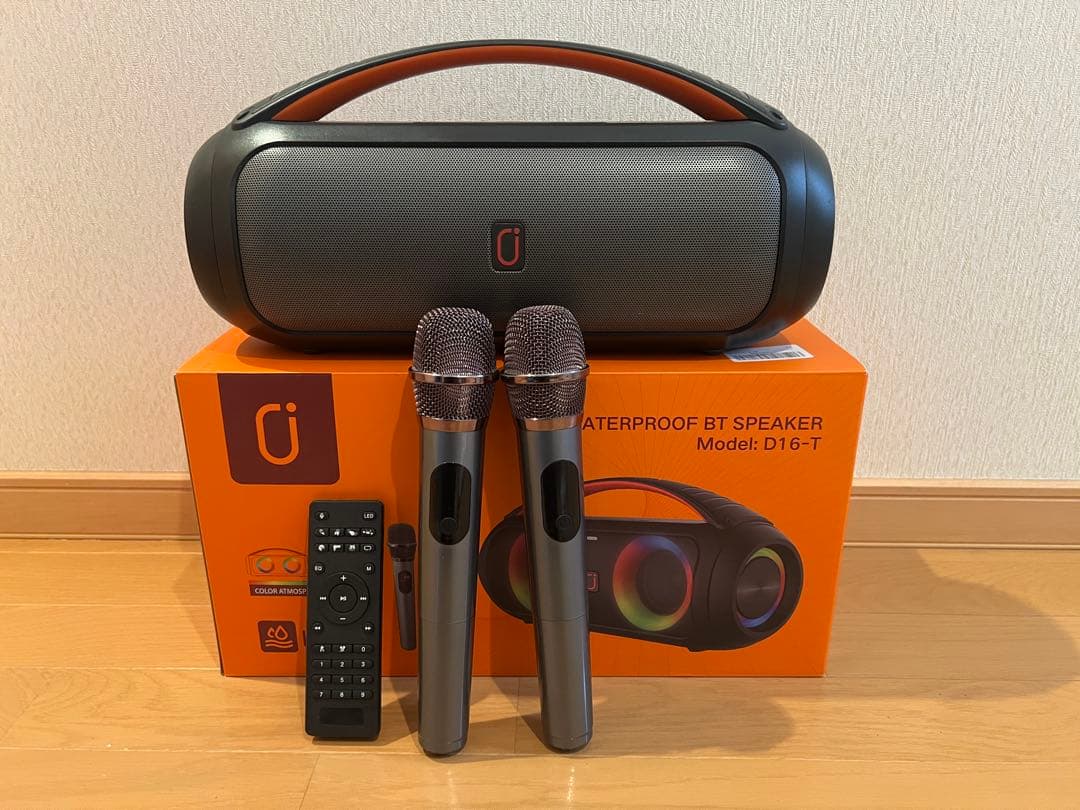 ポータブルスピーカー　マイク付き　カラオケ サブウーファー内蔵　アウトドア　防水