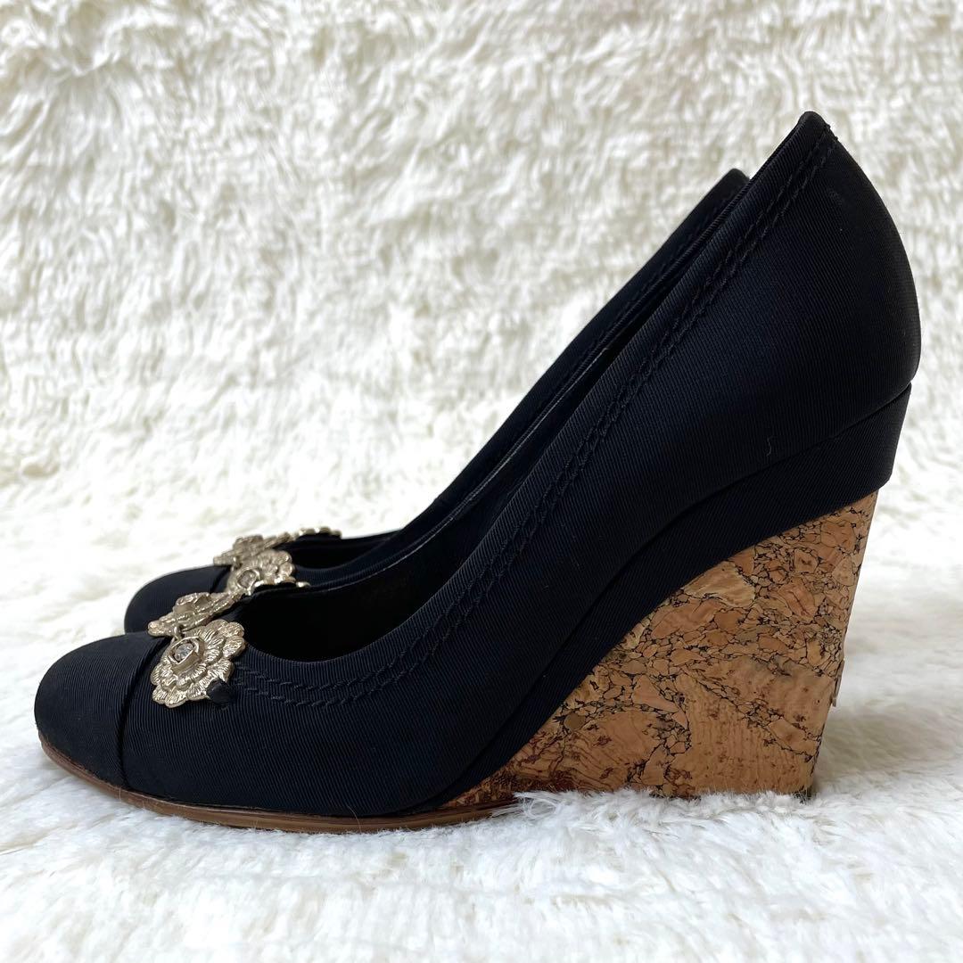 極美品✨シャネル ラインストーン パンプス カメリア BLK×GLD 22cm