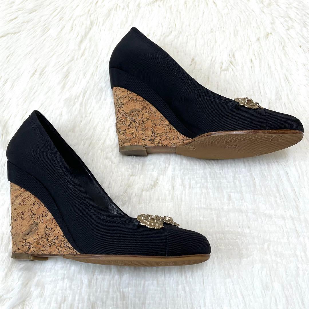 極美品✨シャネル ラインストーン パンプス カメリア BLK×GLD 22cm