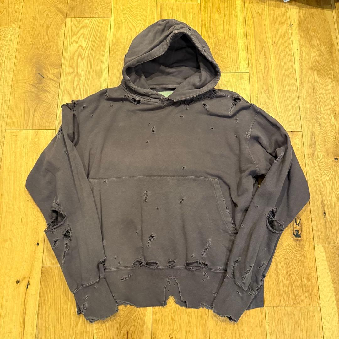 KURO ダメージ加工 ダークグレー フード付きパーカー