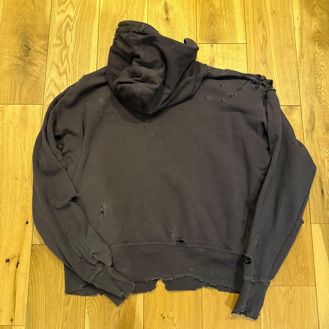 KURO ダメージ加工 ダークグレー フード付きパーカー