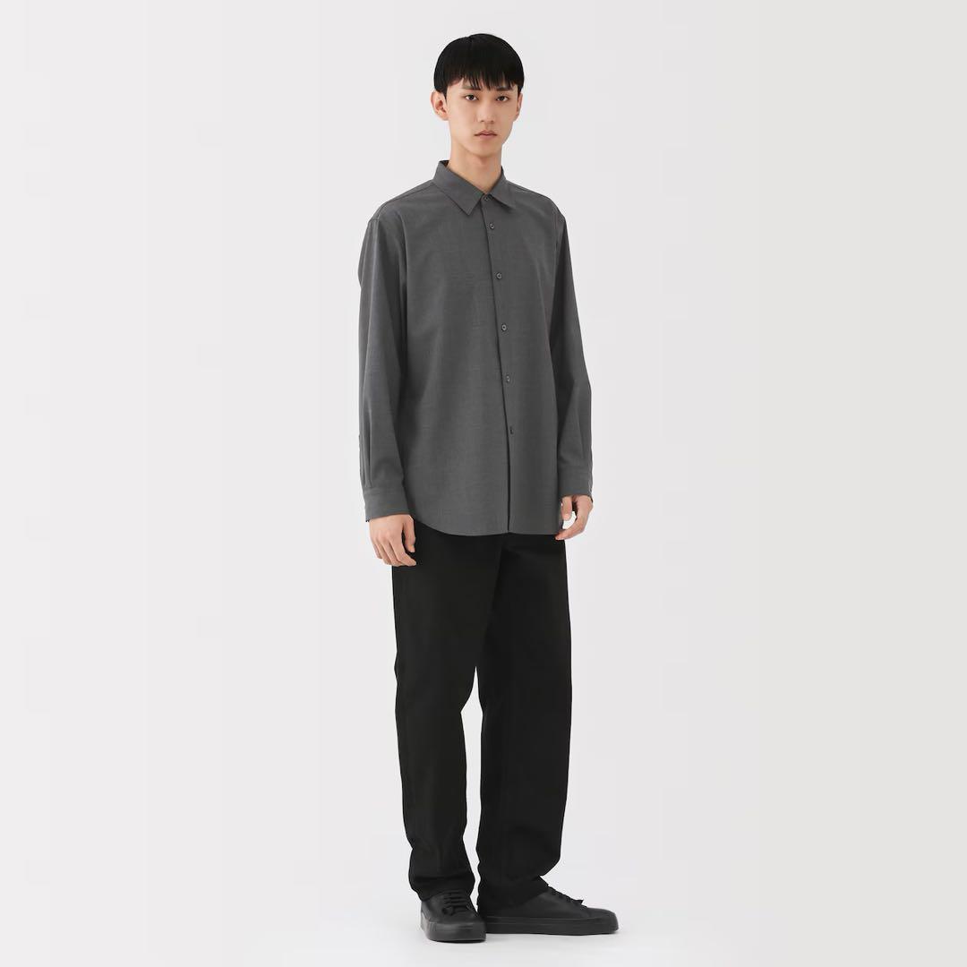 新品【S】グレー MUJI LABO ウール混 レギュラーカラーシャツ ムジラボ