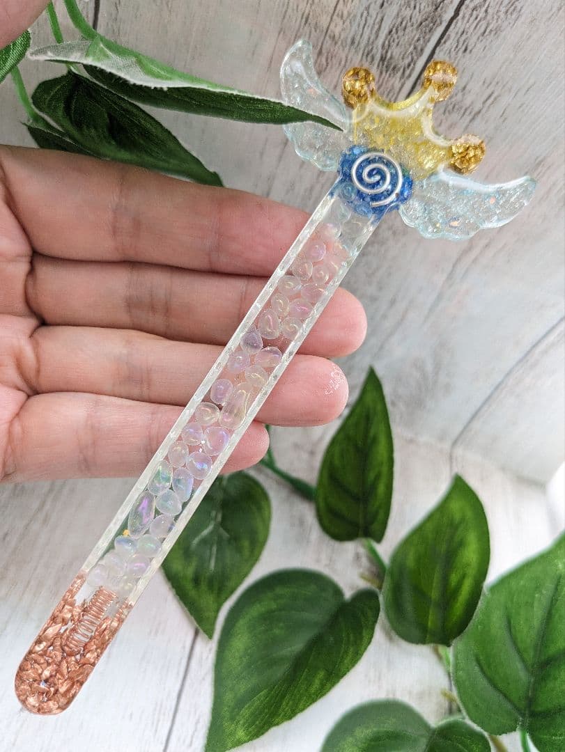 【睦月】レインボーオーラ水晶の魔法のステッキ形オルゴナイト☆他３点