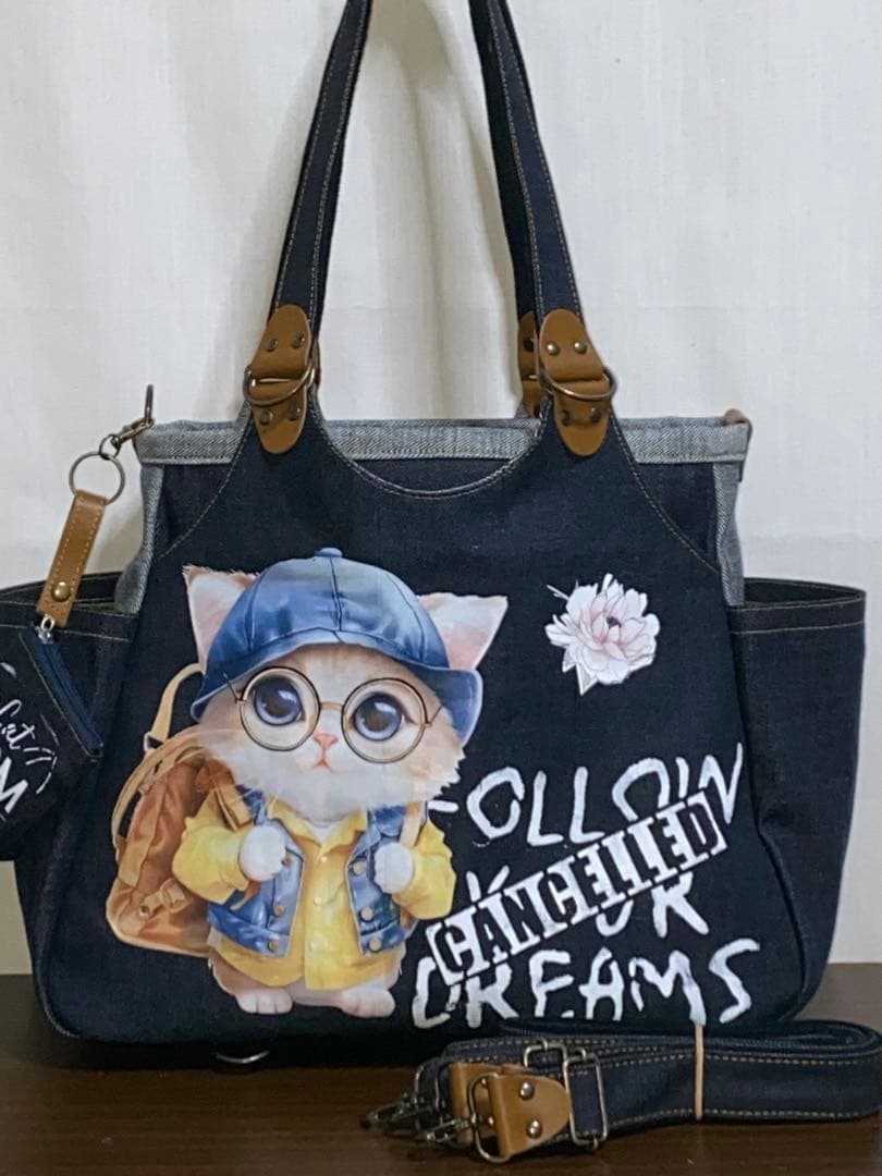 ☆岡山デニム☆メガネ子ネコ☆リュック対応☆4wayあおりバッグ