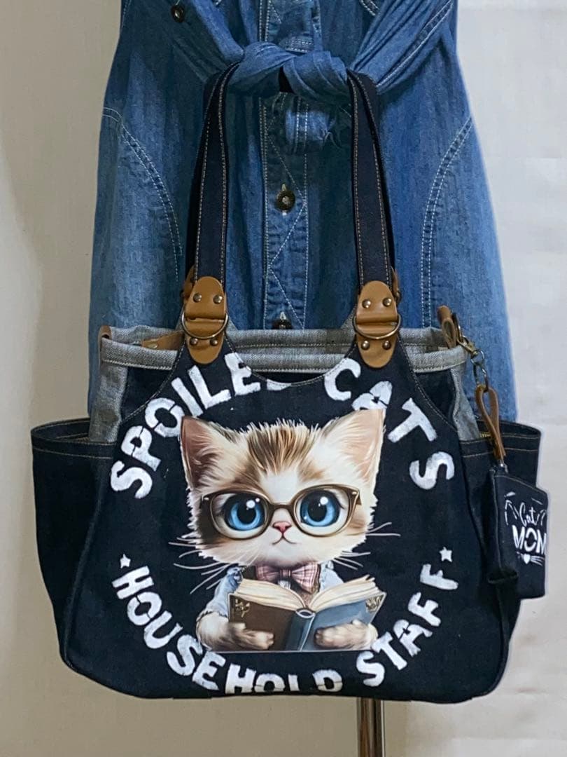 ☆岡山デニム☆メガネ子ネコ☆リュック対応☆4wayあおりバッグ