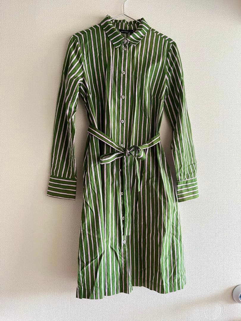 marimekko ピッコロ　緑とピンクの シャツワンピース 36
