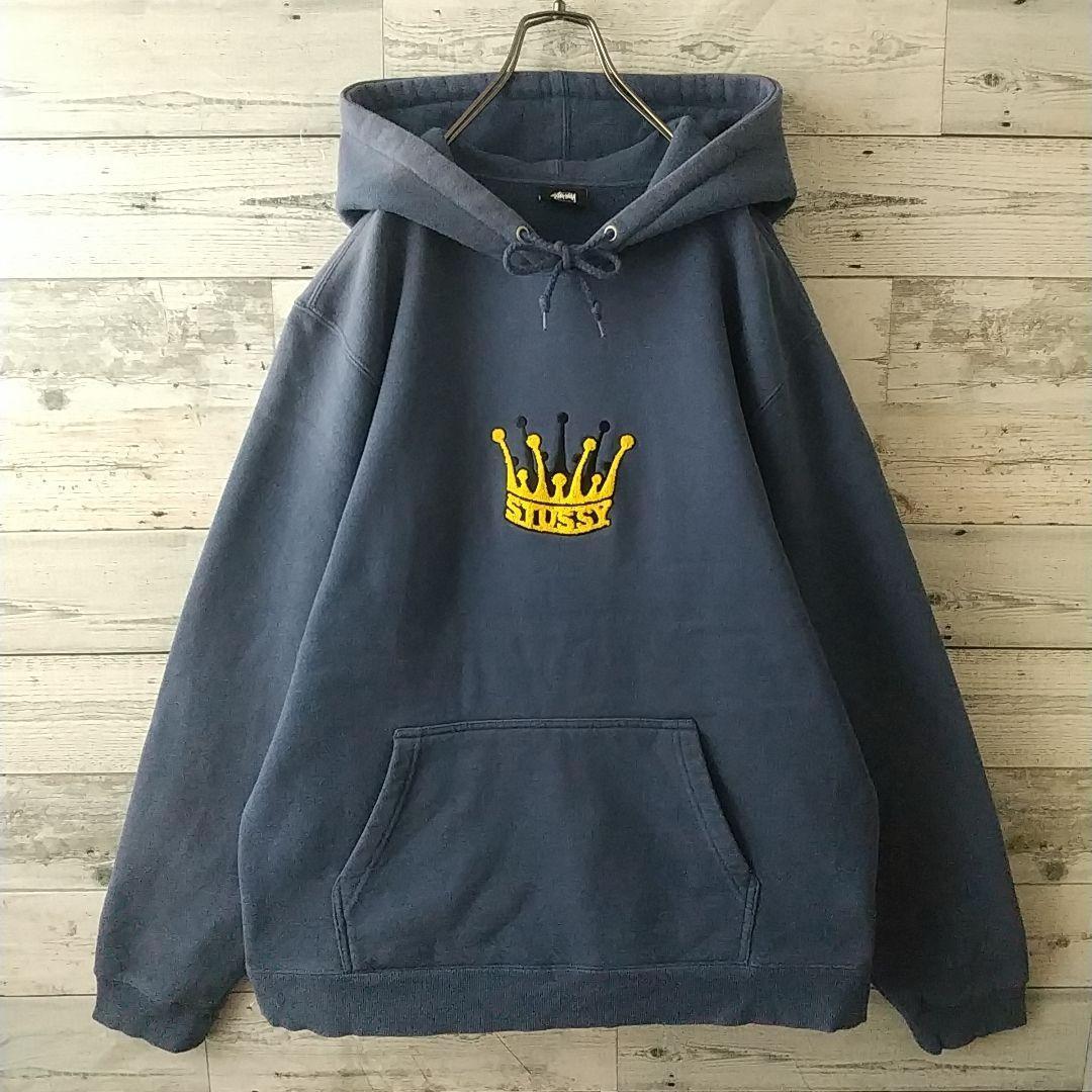 希少カラー☆ステューシー 刺繍 クラウン パイルロゴ パーカー L 紺