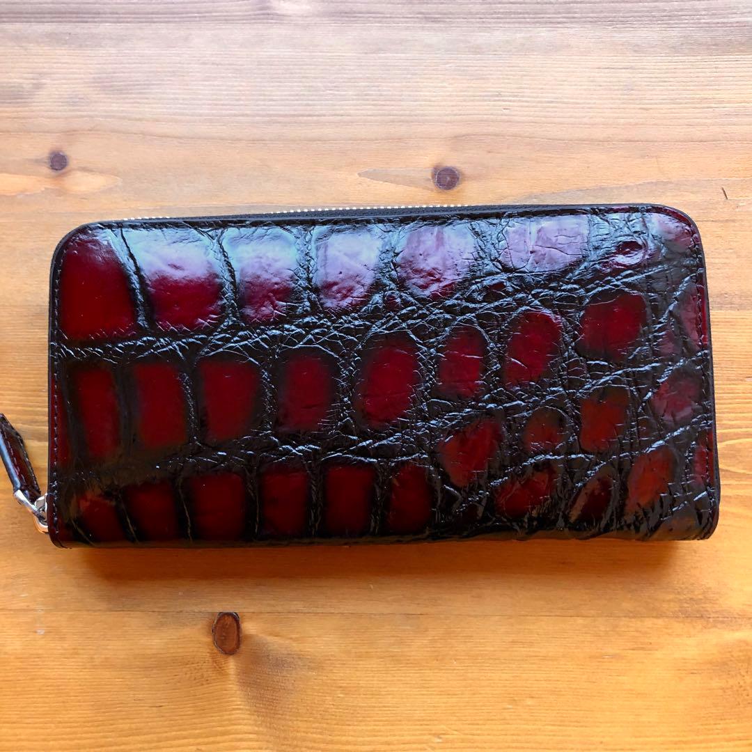 クロコダイル 長財布 高級 一枚革メンズ レディース　赤レッド ブランド
